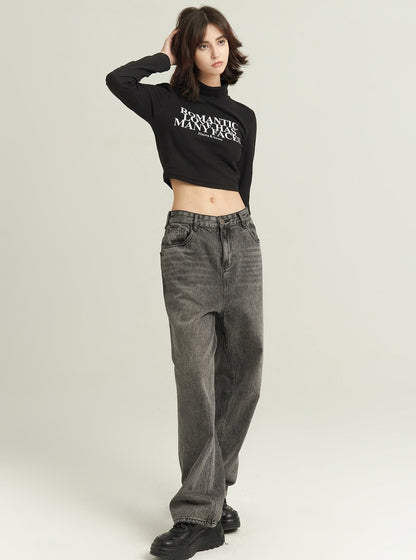 Turtleneck letters long sleeves crop tops