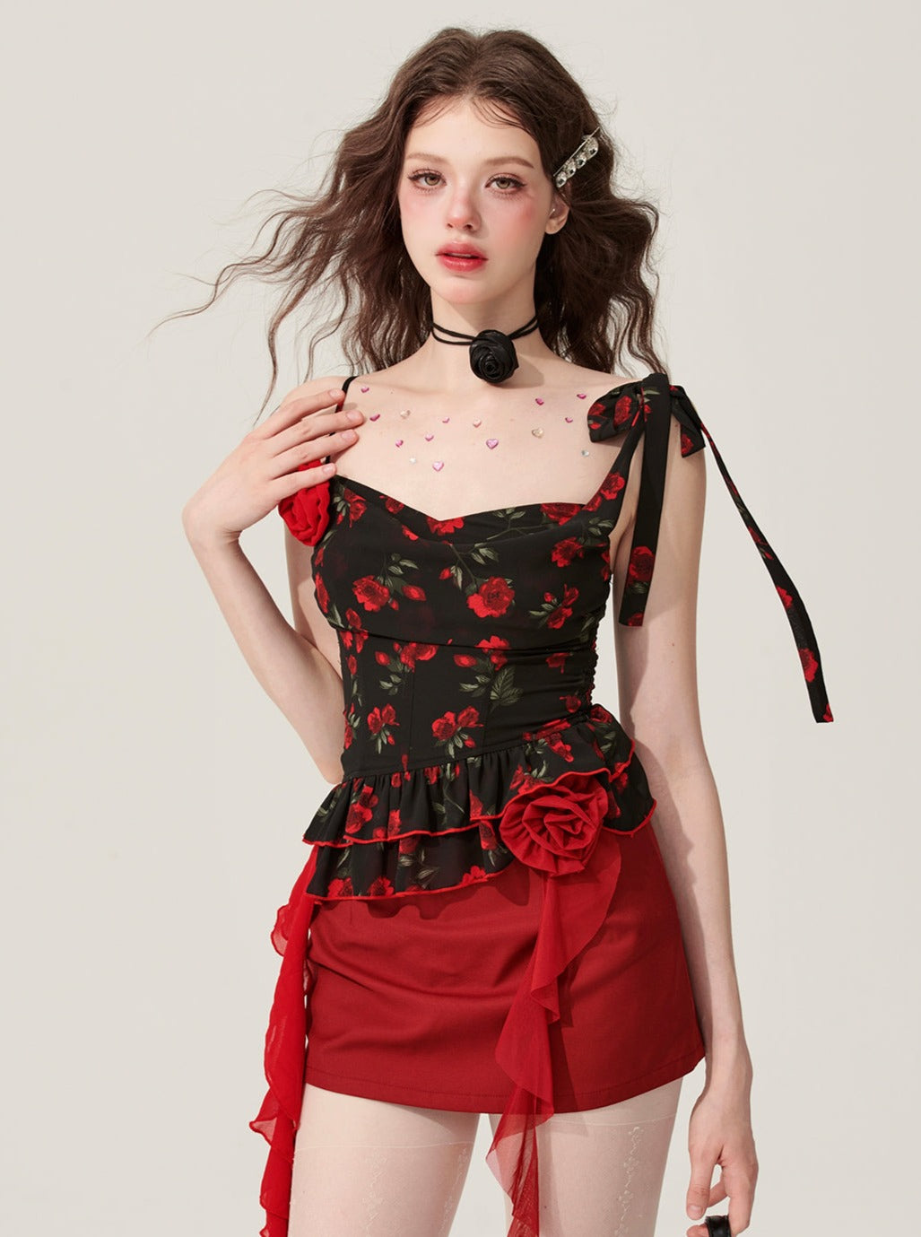 Black Floral Suspender Top