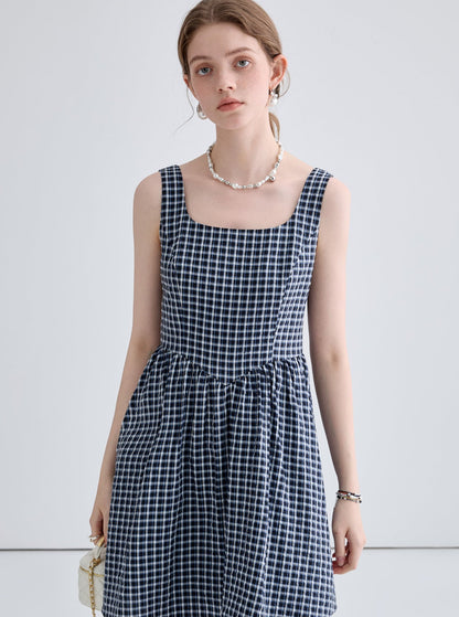 Vintage Blue Shirt With Contrast Check A-Line Dress Set-Up