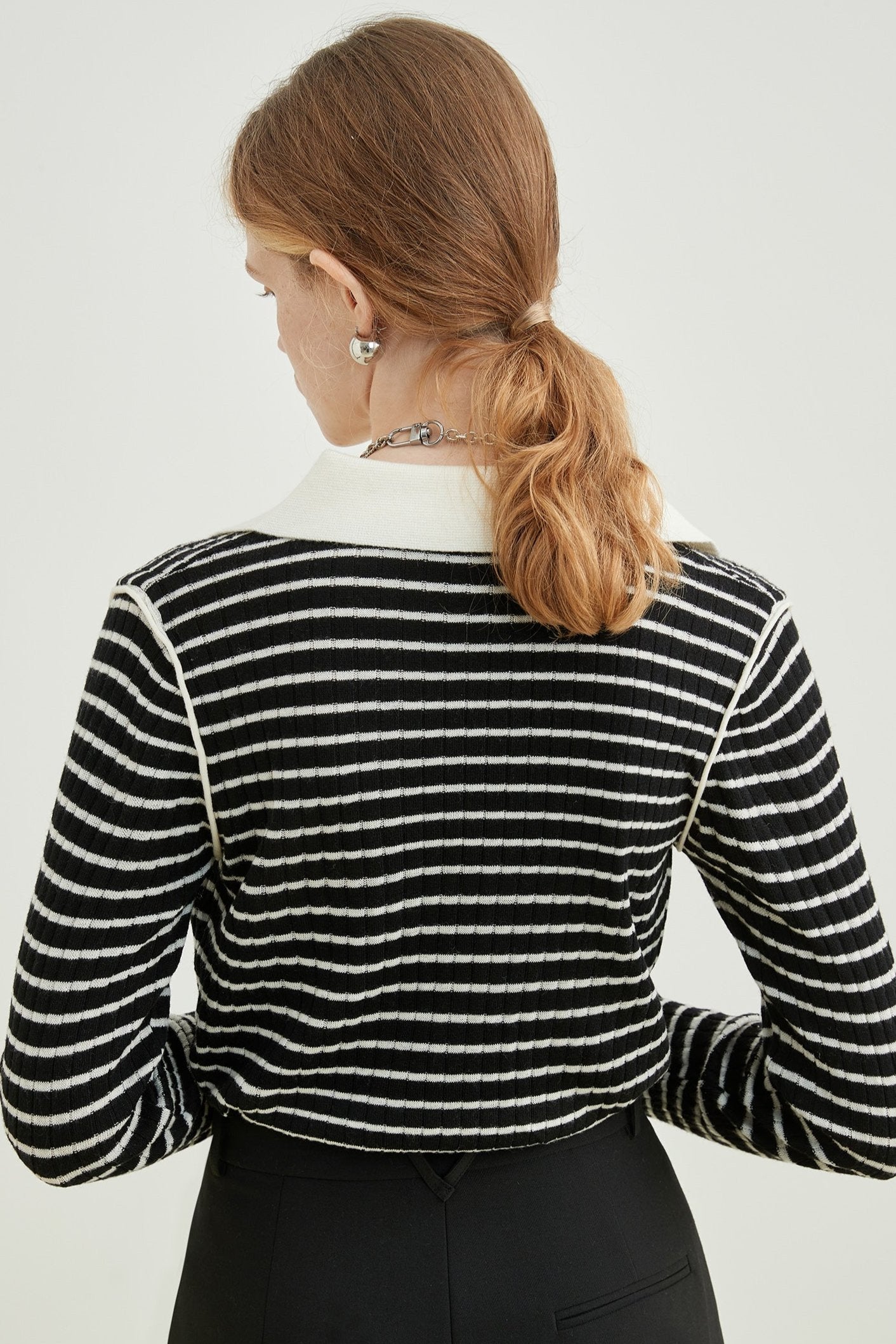 VEGA CHANG Striped Knitwear Women's Spring Autumn 2024 New Slim Slim Polo Neck Wool Base Layer