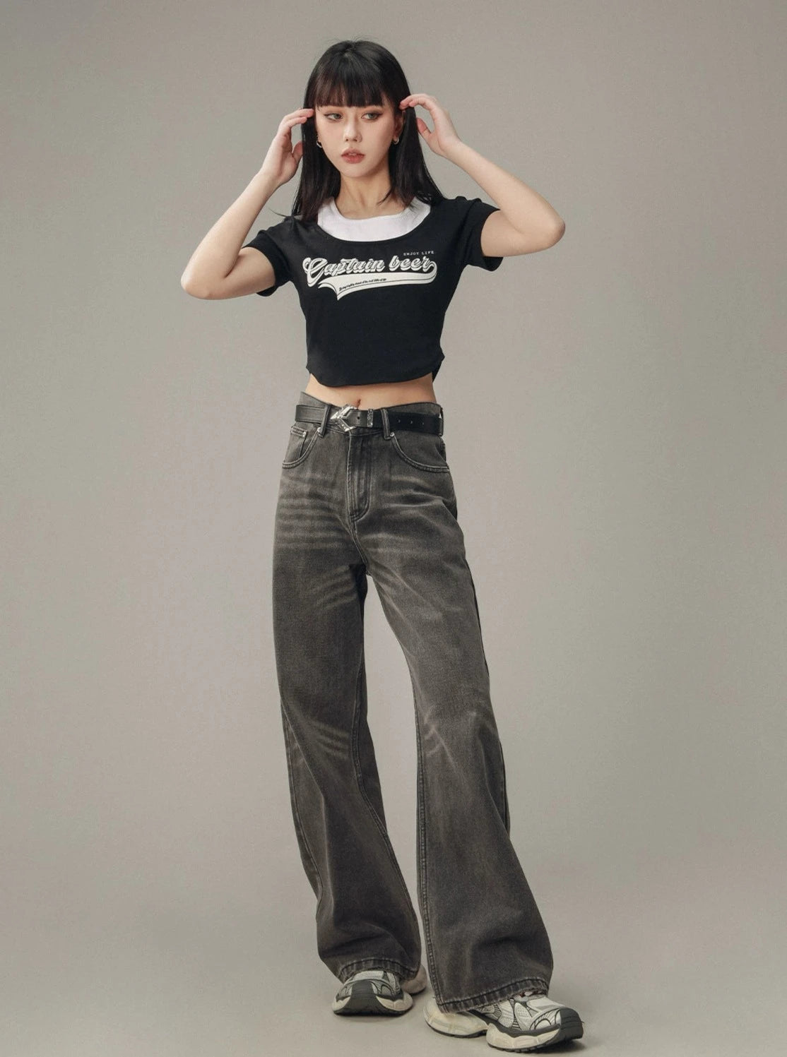 Whisker Distressed Track Denim Pants