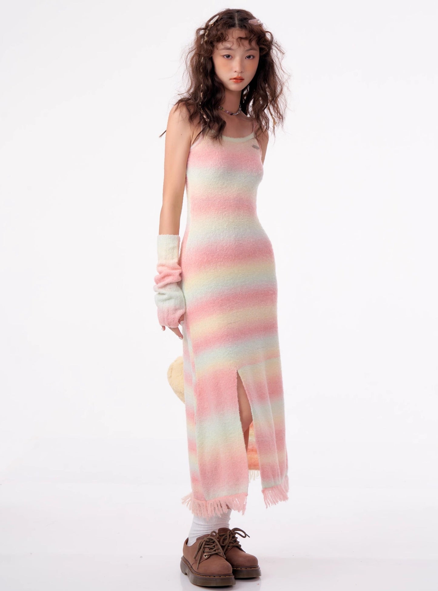 American retro slim rainbow knit bottom long dress