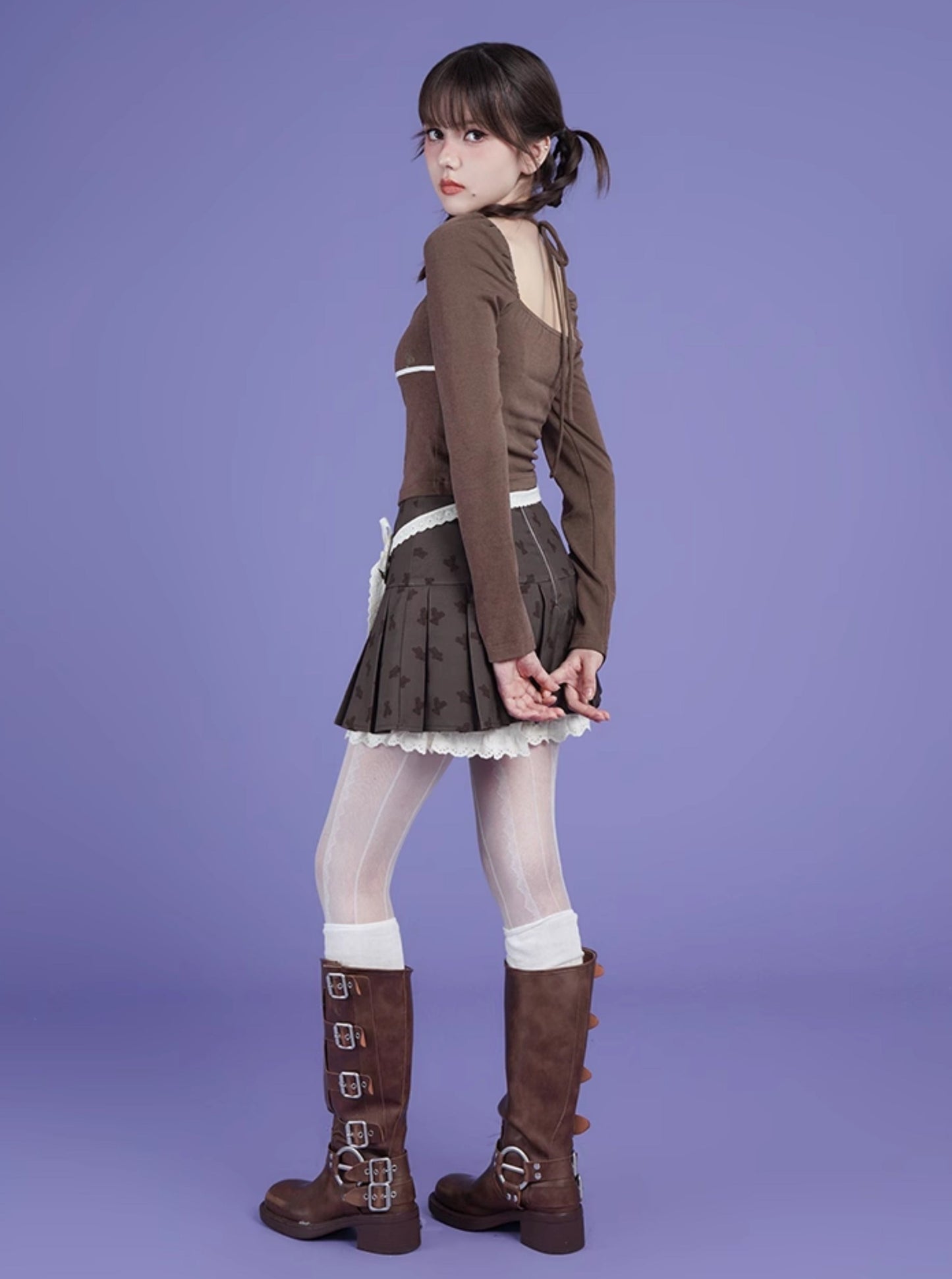 Original Brown Bear Print Pleated Skirt