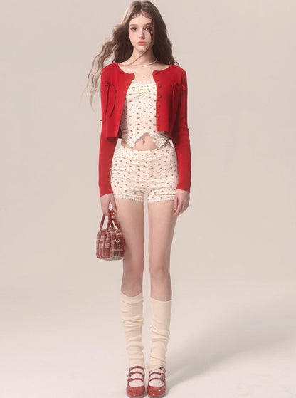 Red Floral Suspender Shorts Set-Up