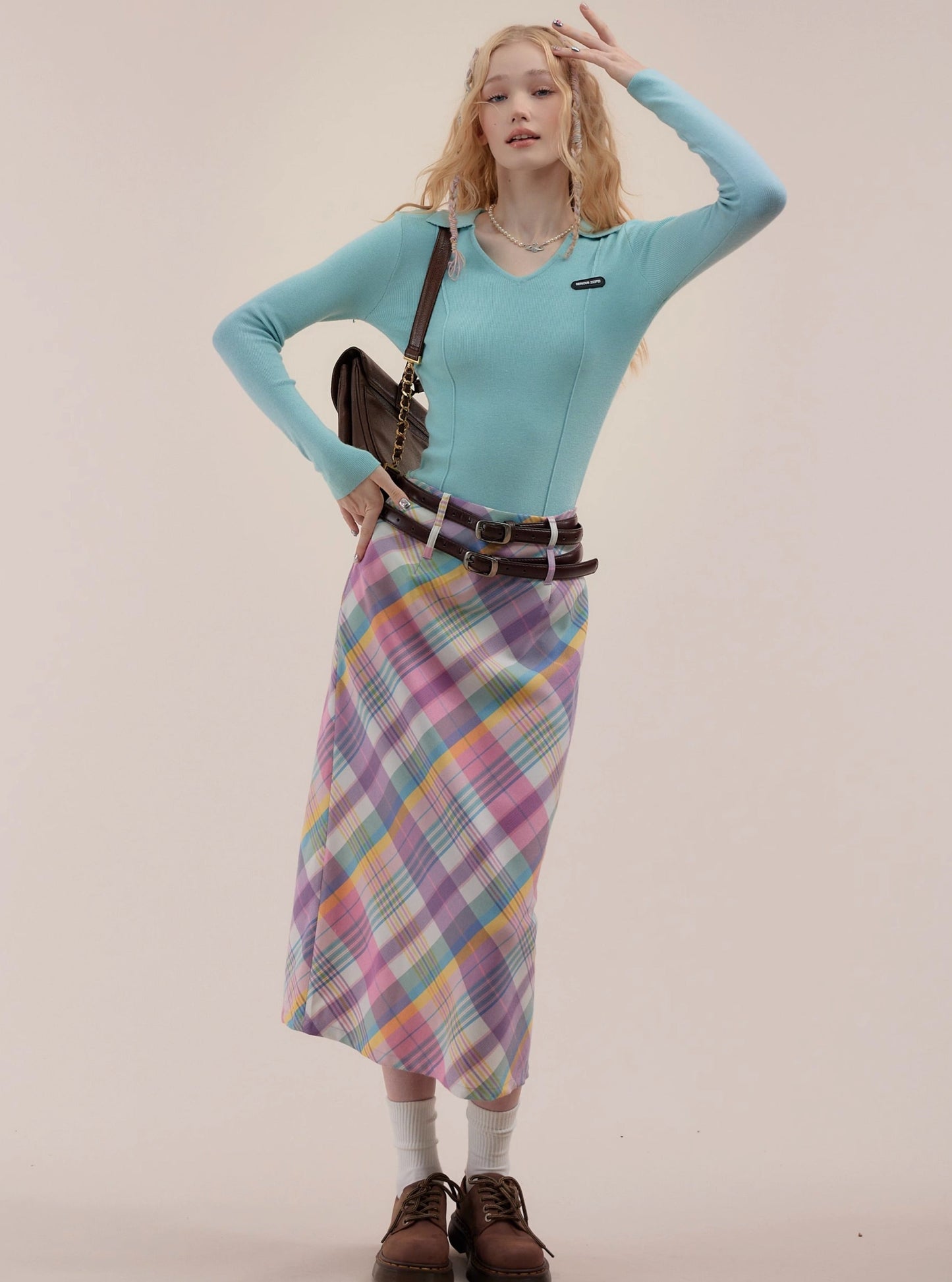 American retro high waist thin mid-length plaid skirt