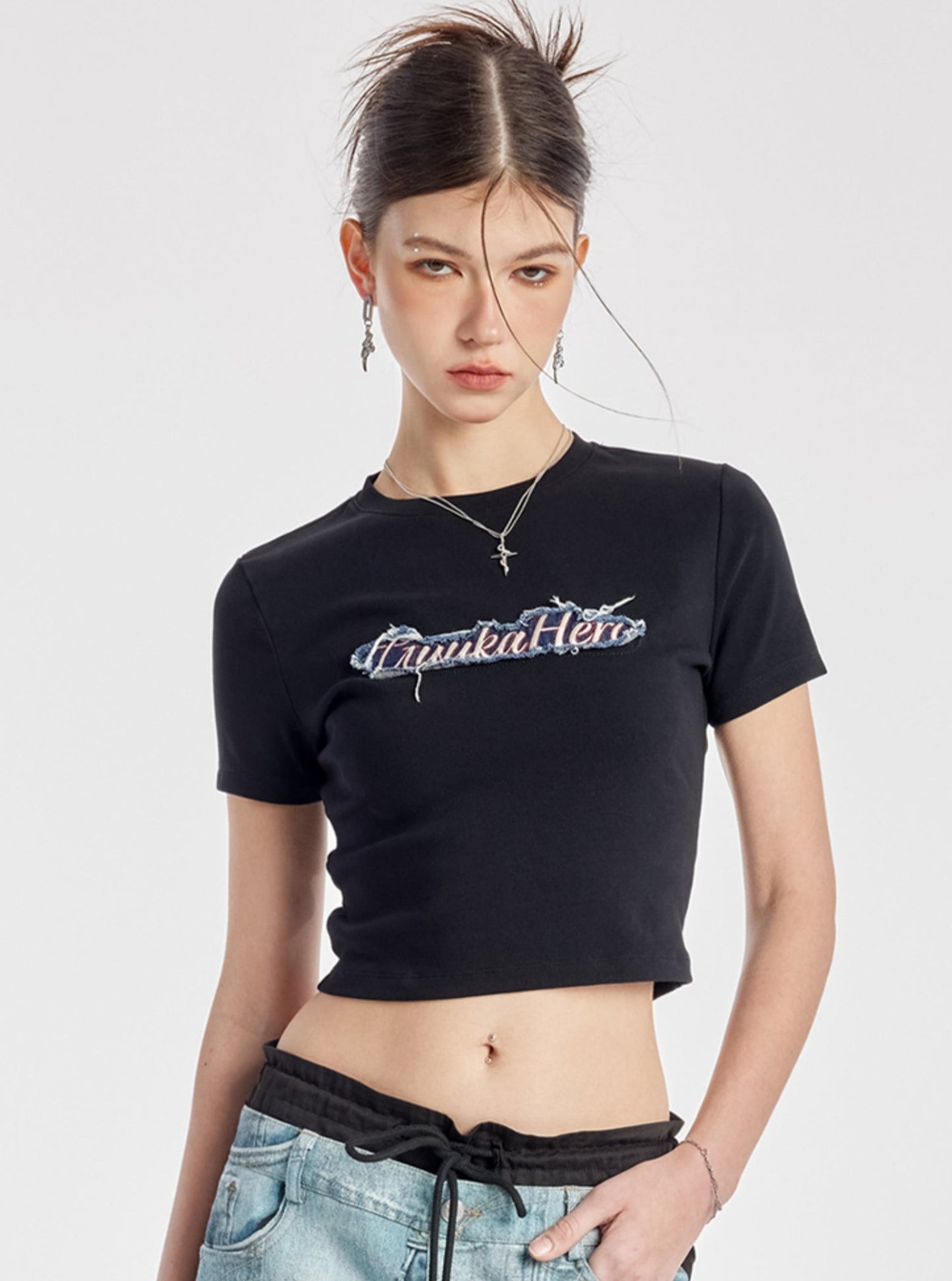 Embroidered Denim Accent Black Top