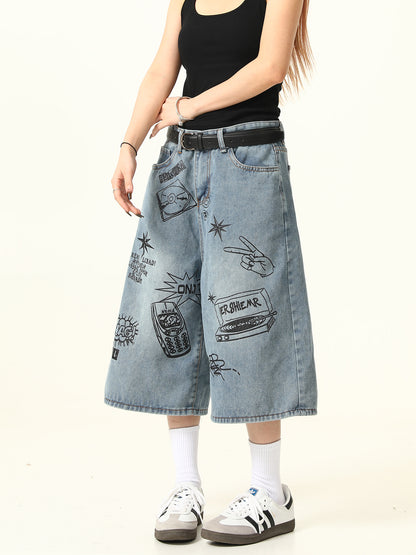 Graffiti Letter Denim Shorts Pants