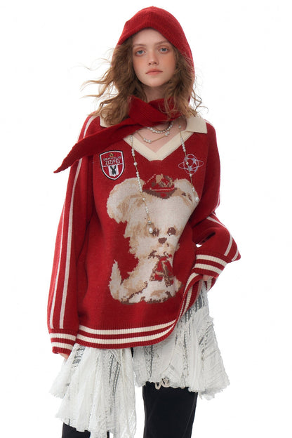 ziziFei autumn and winter american retro design sense poloV neck red shirt christmas sports style dog sweater women