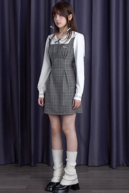 Gray Checkered Fake Two-Piece Dress