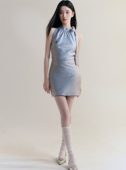 [In stock] fragile store - French bow tie polka dot dress waist commuter style off-the-shoulder skirt