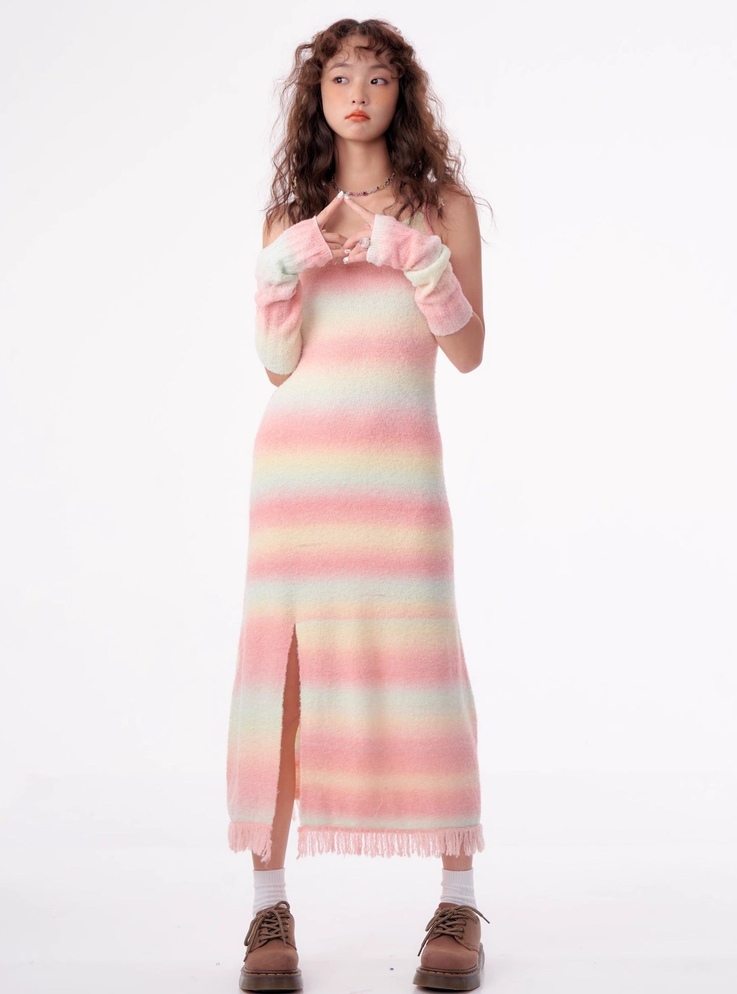 American retro slim rainbow knit bottom long dress