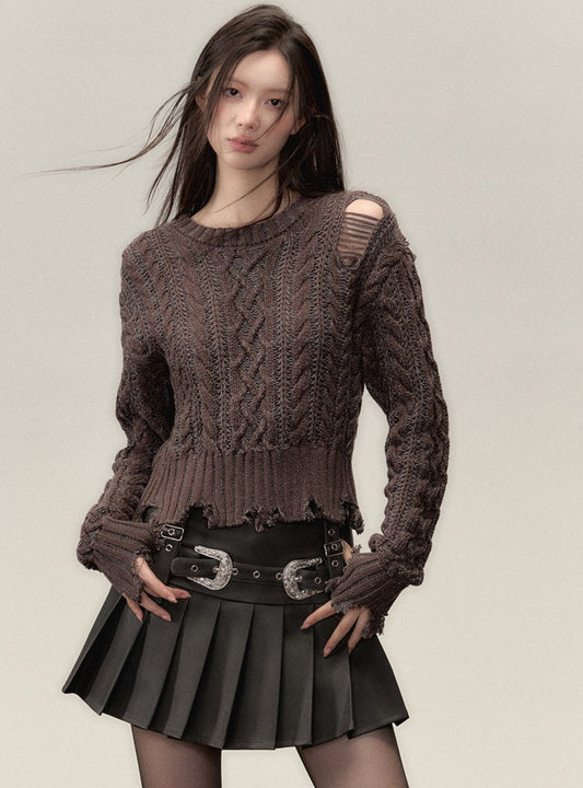 Crewneck ragged  languid knit pullover Top