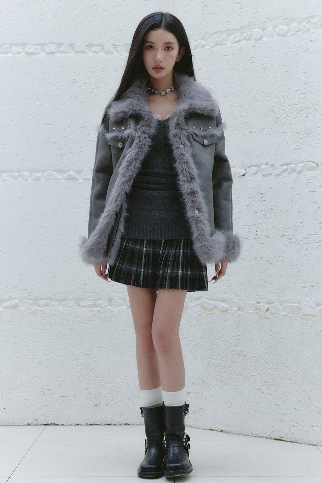 Gray Korean Versatile FUR JACKET