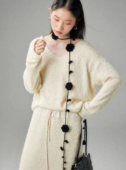 V-neck Knit Sweater Skirt Set
