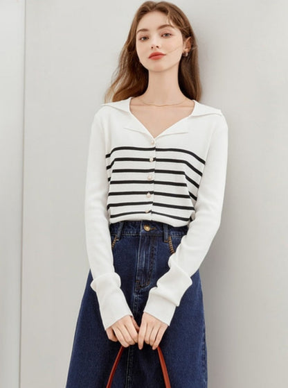 Lapel Striped Knitted Cardigan Top