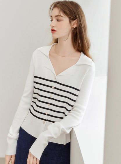 Lapel Striped Knitted Cardigan Top