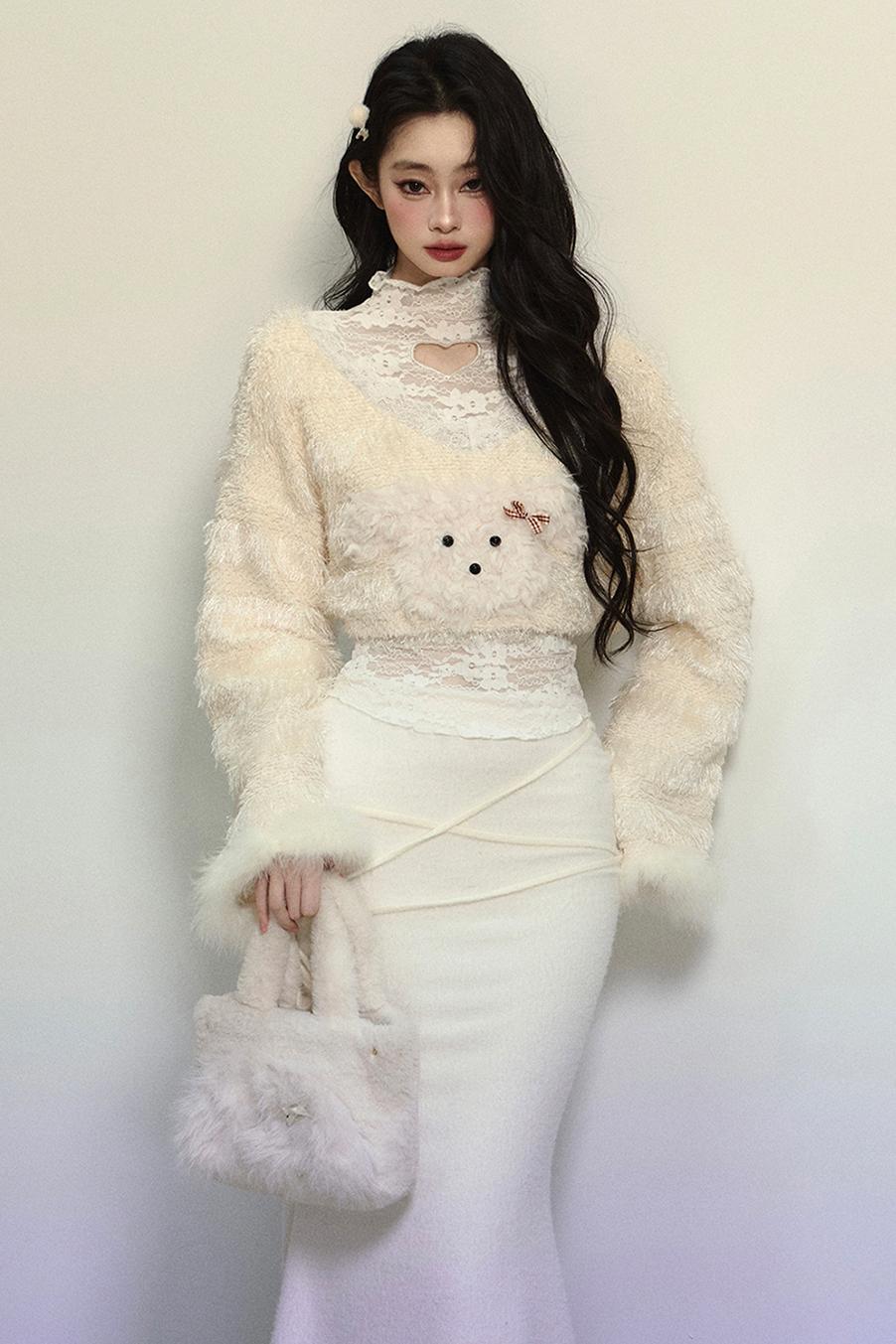 Plush Lace Short Sweater & Fishtail Skirt Set-Up