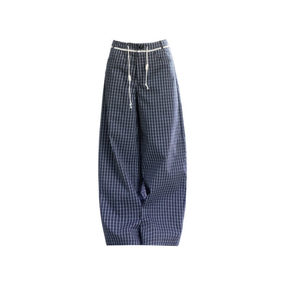 Navy Vine Plaid Wide-Leg Pants