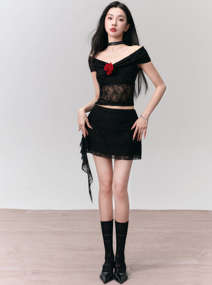 [SNH48 same style] fragile store - Floyd rose black lace one-shoulder short top short skirt