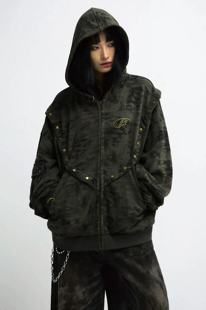 CAMOUFLAGE VINTAGE DISTRESSED HOODED JACKET