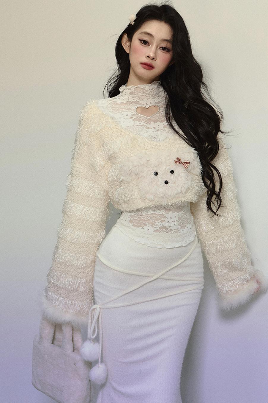 Plush Lace Short Sweater & Fishtail Skirt Set-Up