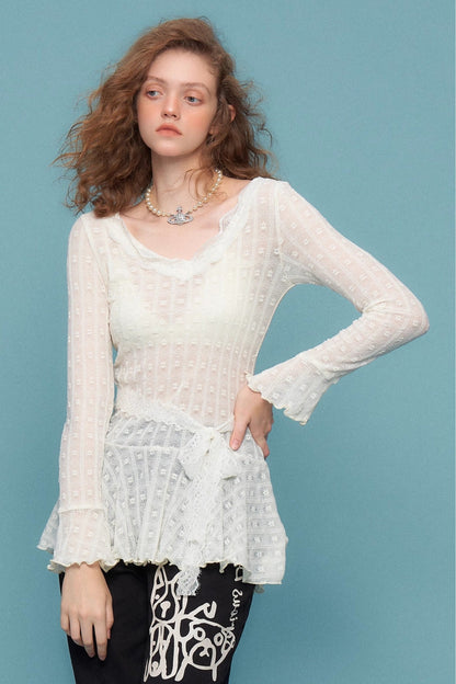 ziziFei autumn winter american design sense niche sexy lace lace top white semi sheer base shirt women