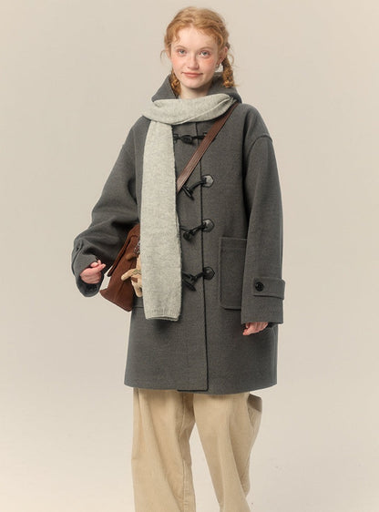 hooded mid-length horn button woolen coat