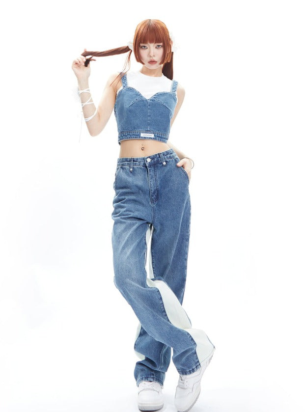 Strap Tank Top Denim Pants Two Piece Set