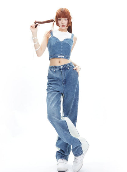 Strap Tank Top Denim Pants Two Piece Set