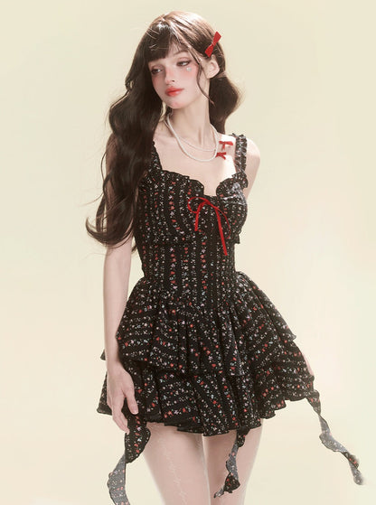 Thin Waist Black Floral Dress