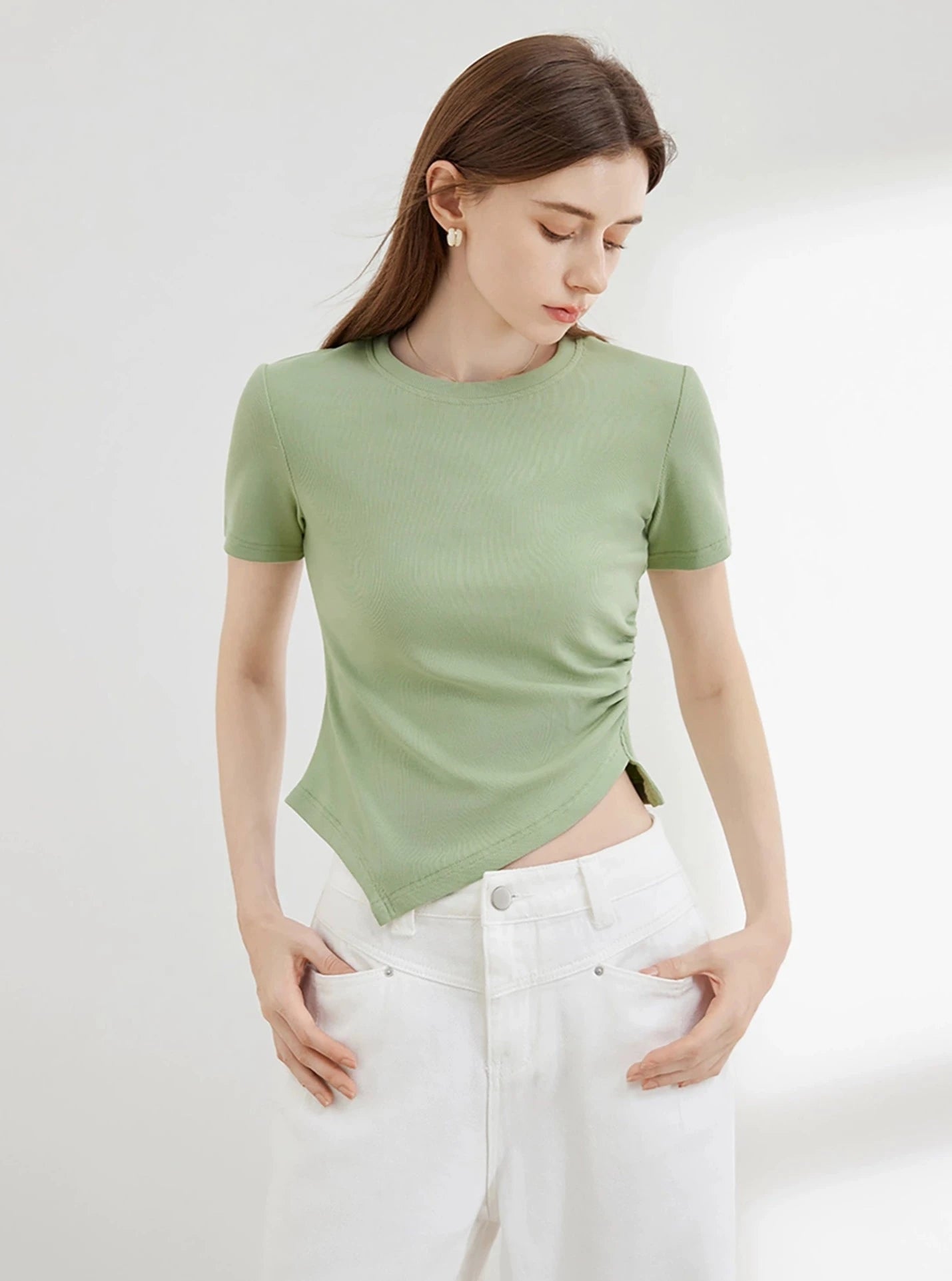 Waist Round Neck Short Sleeve T-Shirt