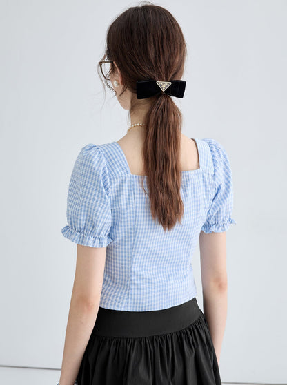 Blue And White Puff Sleeve Top