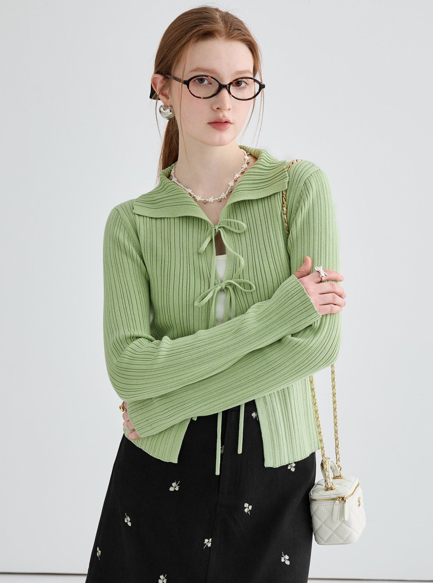 Polo Neck Tie Up Cardigan Knitted Top