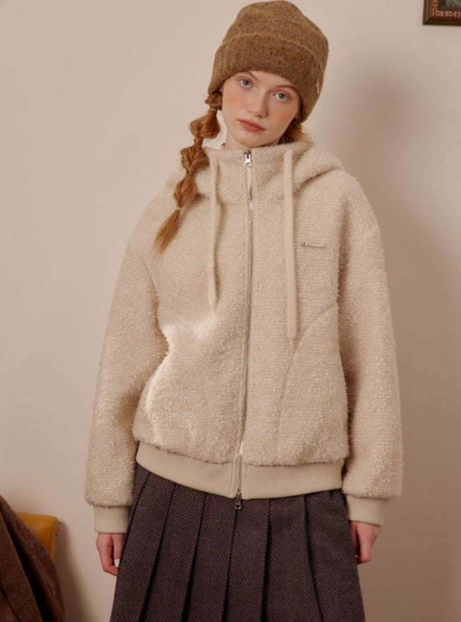 Covered Zip Lambswool Hooded Cardigan Coat