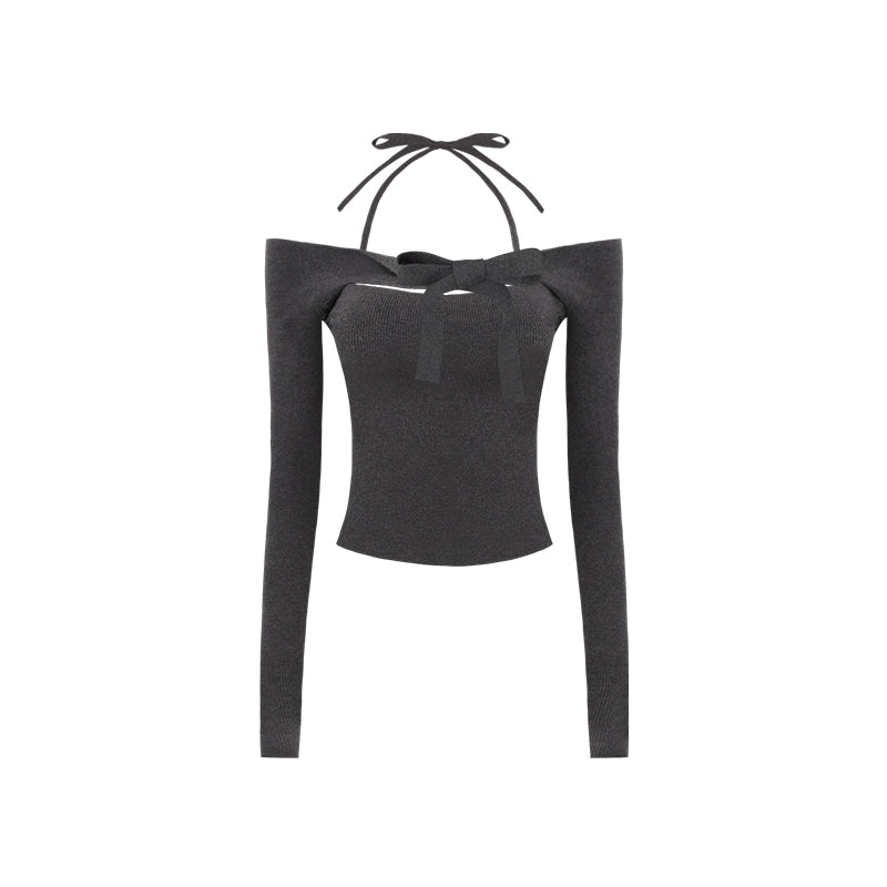 Slim One-Shoulder Bow Knit Top