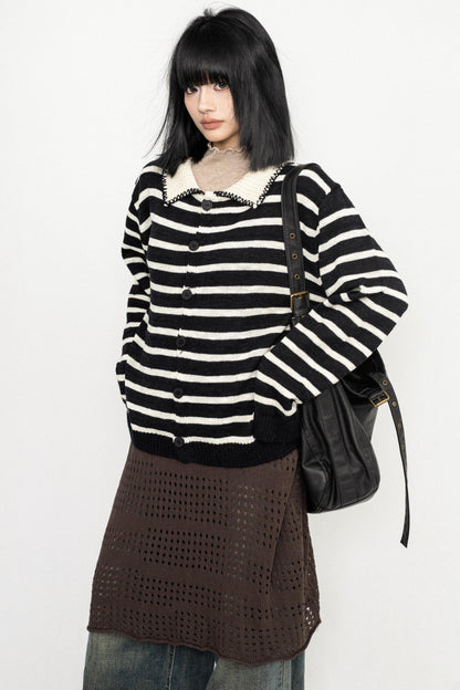 Vintage Striped Lapel Knit Sweater