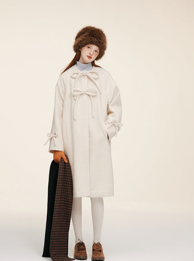 WHITE-RED HOOP TWEED WOOLEN COAT