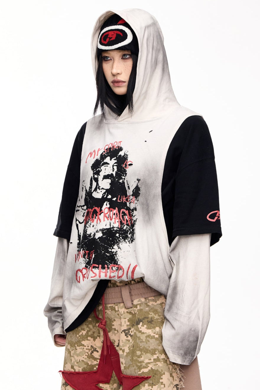 Rubbed Print Patchwork Long Sleeve Hoodie