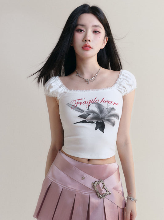 [Stock] fragile store - 100 days lily print slim T-shirt kurzarm slim shoulder top