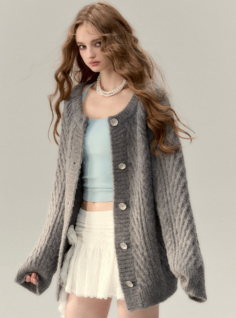 V-neck knit sweater coat set