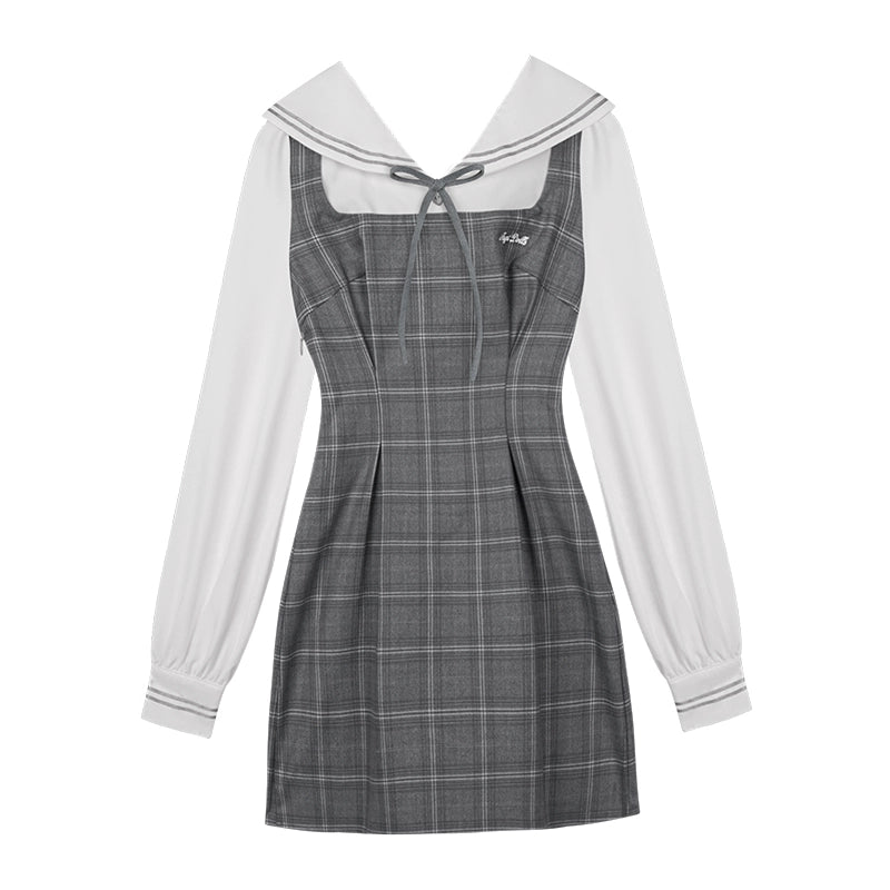 Gray Checkered Fake Two-Piece Dress