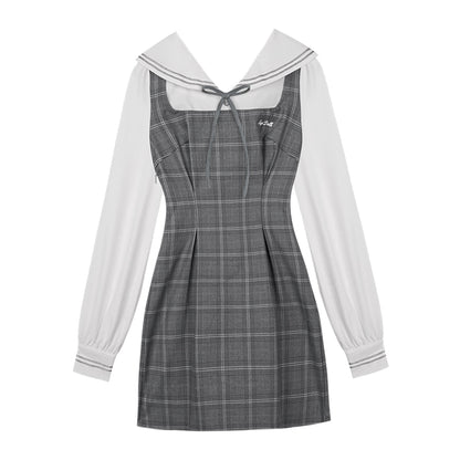 Gray Checkered Fake Two-piece Dress