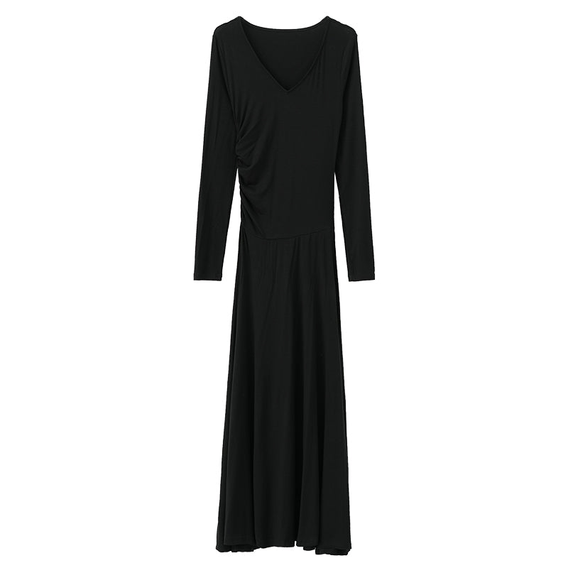 브이넥 블랙 롱 드레스 