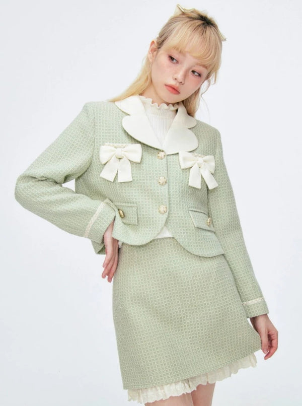 Tweed Green Suit Short Skirt Set