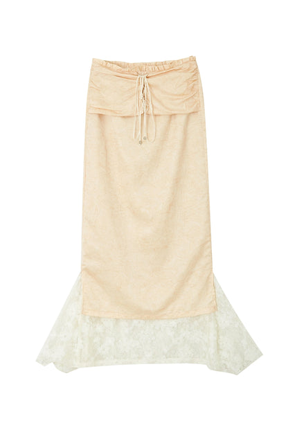 OfAkiva "Genyue Window" pleated streamer satin tie strapped, shirred lace insert maxi skirt