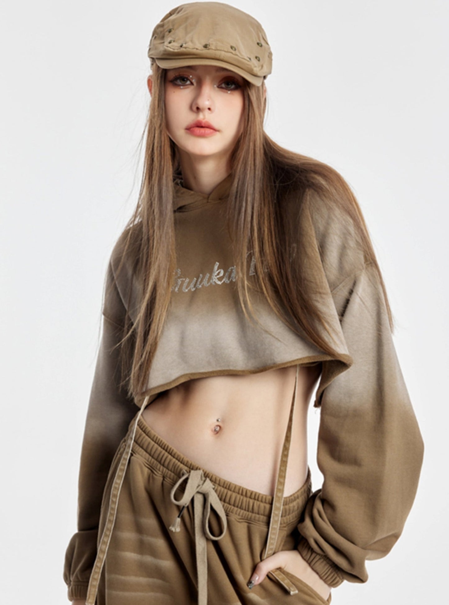 Khaki Printed Crop Top And Long Pants Set-Up