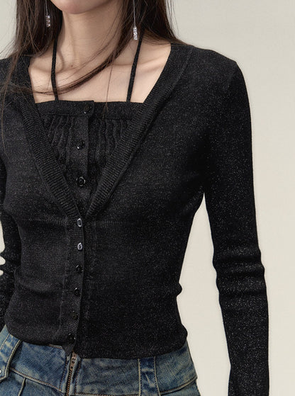 Fake two collarbone knit sweater