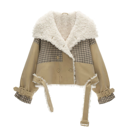 Plaid Fur Collar Large Lapel Jacket