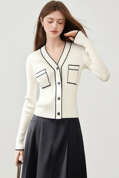 Knitted Contrast V-Neck Cardigan Top