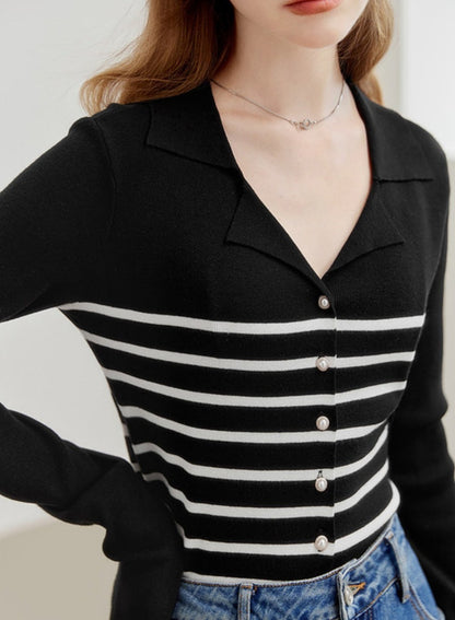 Lapel Striped Knitted Cardigan Top